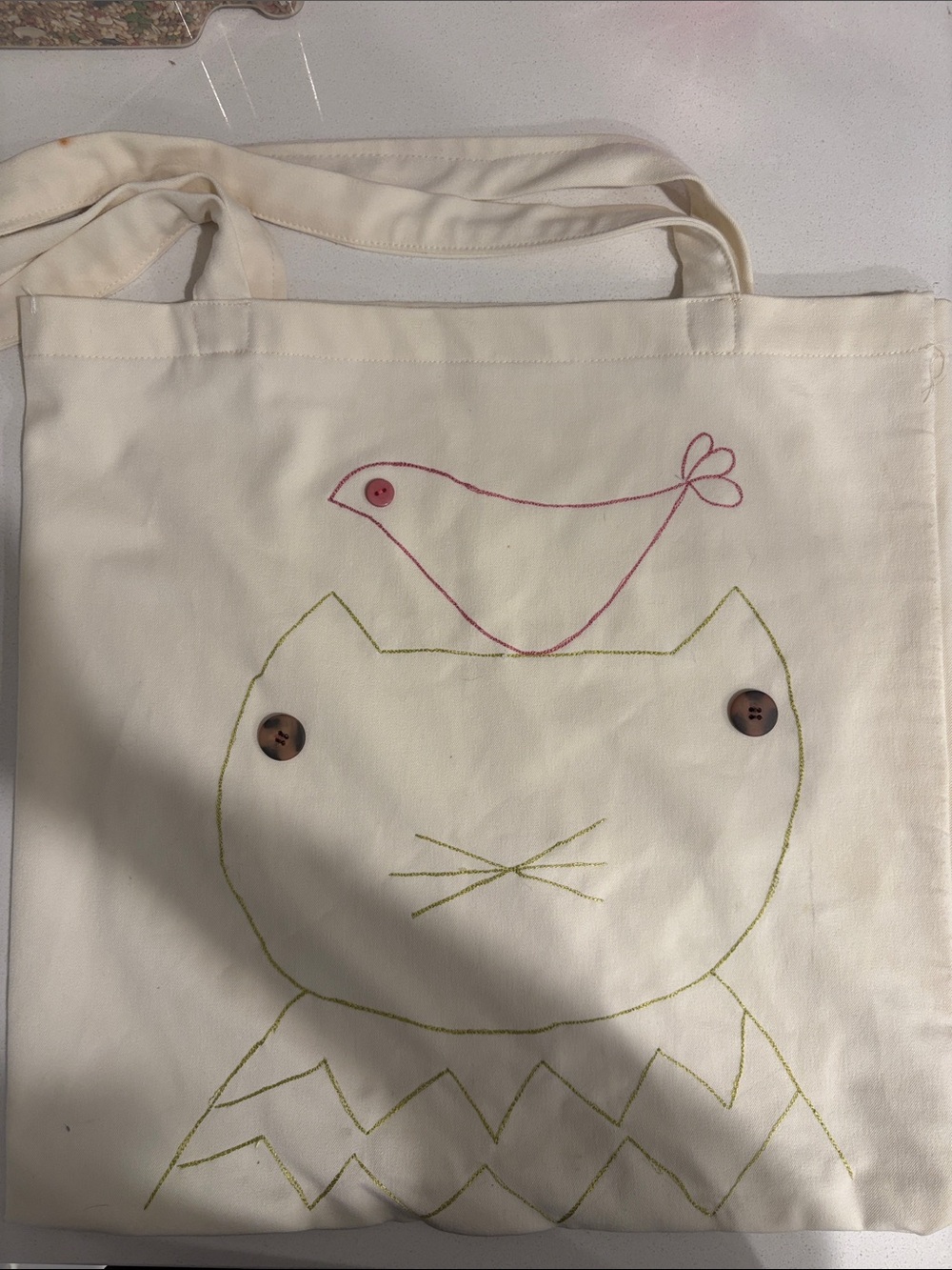 Cream Cat & Bird Embroidered Pet Tote Bag